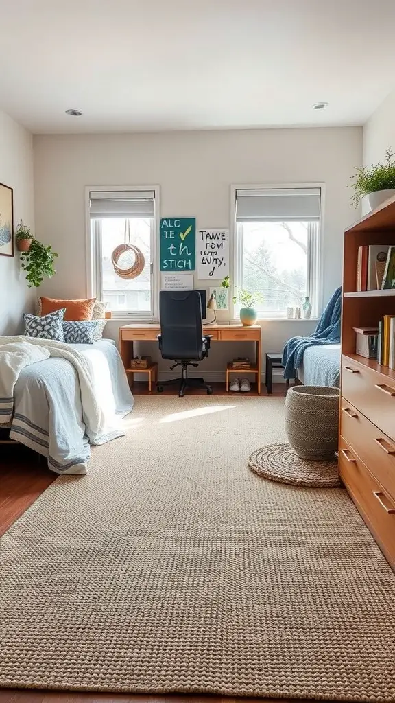 19 Cozy Earthy Dorm Room Ideas to Create Your Peaceful Retreat 8 A cozy dorm room with two beds and a natural area rug in the center.
