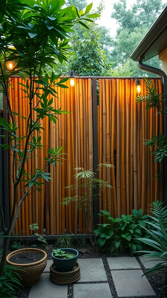 15 Creative DIY Privacy Fence Ideas for Your Backyard 2 Natural bamboo fence with lights and surrounding plants in a cozy garden setting