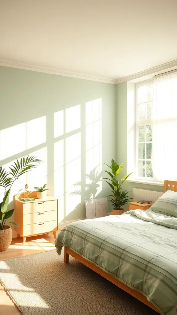 25 Stunning Green and White Bedroom Ideas for a Refreshing Retreat 14 Bright bedroom with green walls, a wooden bed, and plants by the window