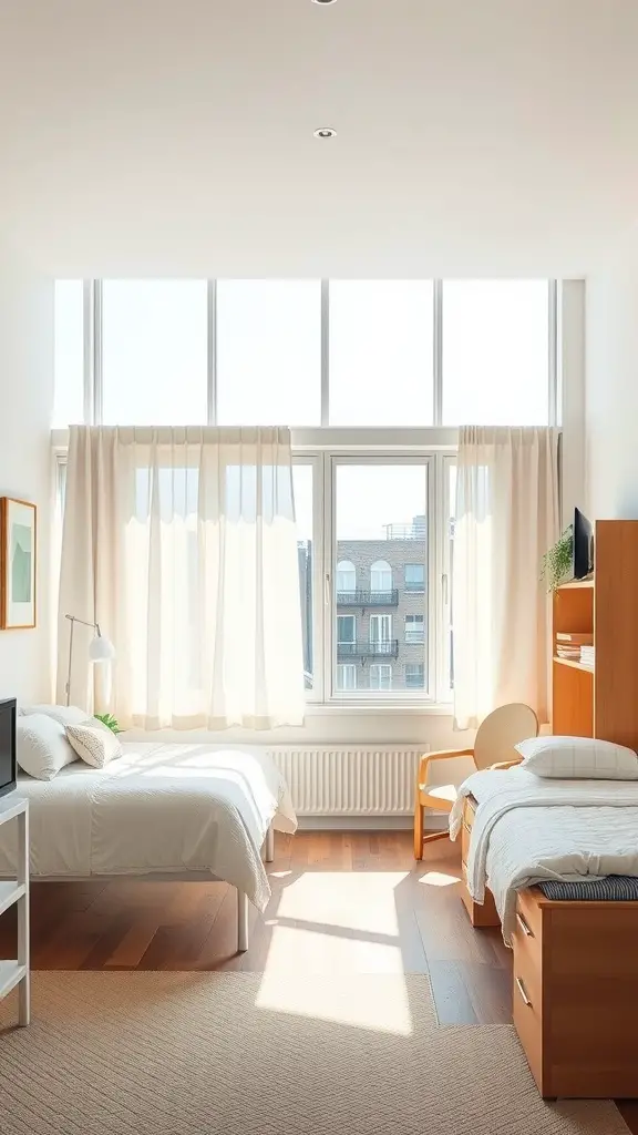 19 Cozy Earthy Dorm Room Ideas to Create Your Peaceful Retreat 12 Bright and airy dorm room with large windows and soft curtains