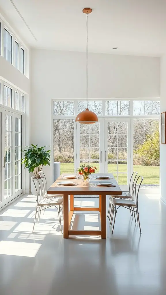 13 Stunning Dining Room Lighting Ideas to Transform Your Space 4 Bright dining room with large windows and a wooden table, decorated with flowers and a pendant light