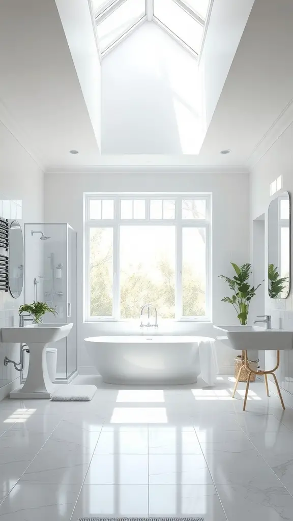21 Timeless Bathroom Ideas to Transform Your Space 11 Bright and airy bathroom with large windows and skylight, showcasing natural light.