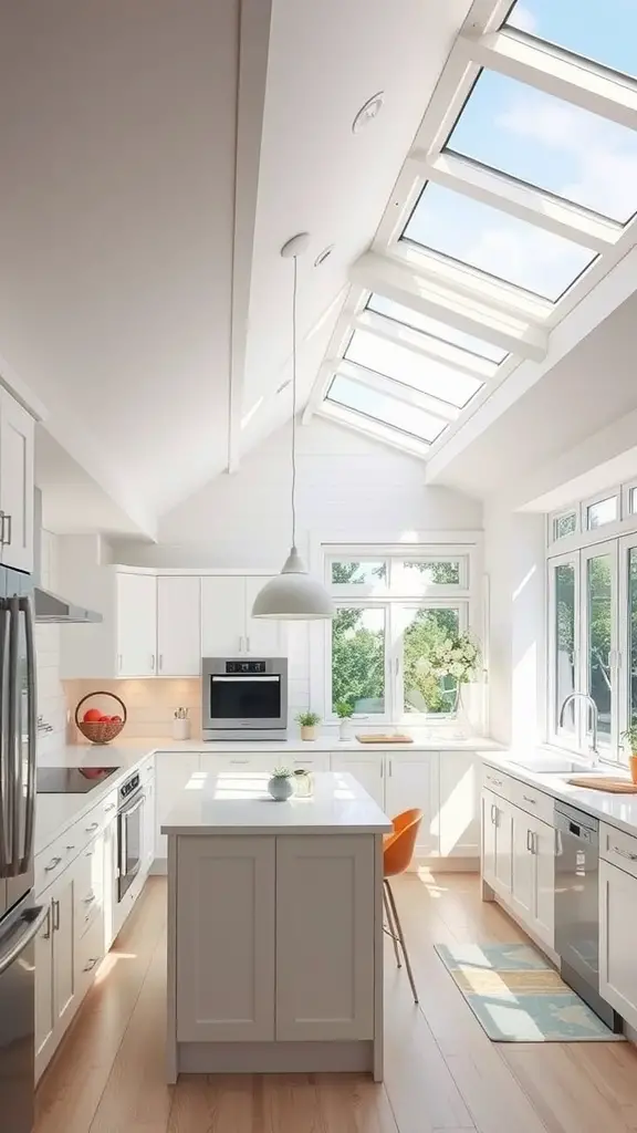 19 Stunning Kitchen Lighting Ideas to Brighten Up Your Space 10 A bright kitchen with skylights, white cabinets, and wooden flooring