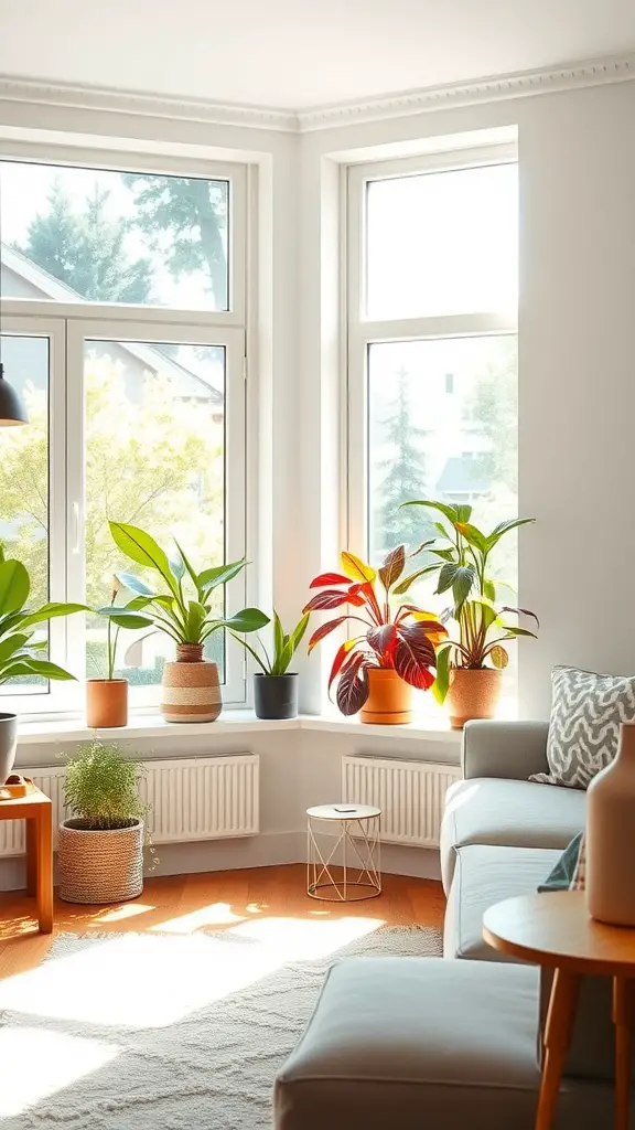 15 Inspiring Living Room Plant Decor Ideas 25 A bright living room corner with several plants near large windows, showcasing how natural light enhances their growth.
