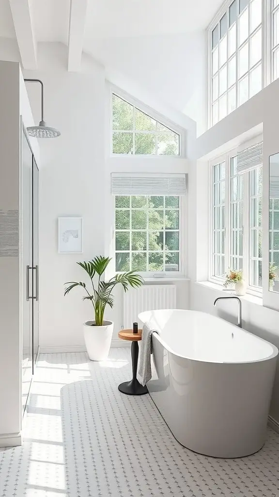 21 Stunning Scandinavian Bathroom Ideas You’ll Love 10 A modern Scandinavian bathroom featuring large windows that allow natural light, a freestanding bathtub, and a potted plant.