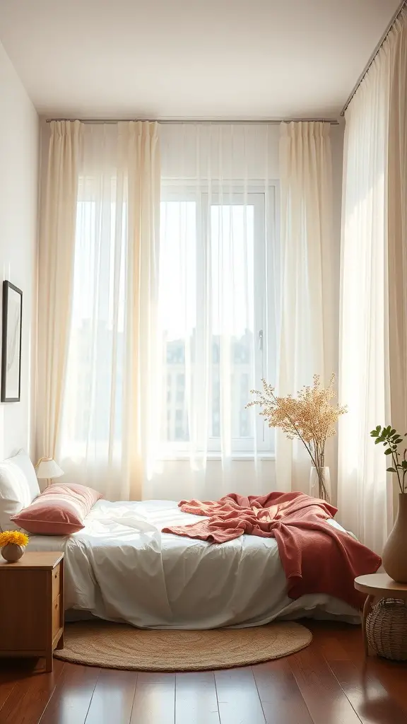 17 Inspiring Bedroom Lighting Ideas for a Cozy Ambiance 4 A bright bedroom with sheer curtains letting in natural light, featuring a bed, decorative throw, and plants.