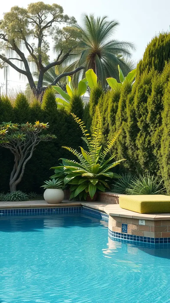 17 Stunning Pool Landscaping Ideas You’ll Love 17 A tranquil pool area surrounded by tall lush greenery and tropical plants.