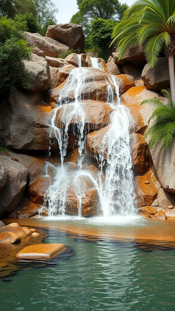15 Creative DIY Pool Ideas to Transform Your Backyard 2 A beautiful natural rock waterfall flowing into a pool surrounded by lush greenery.