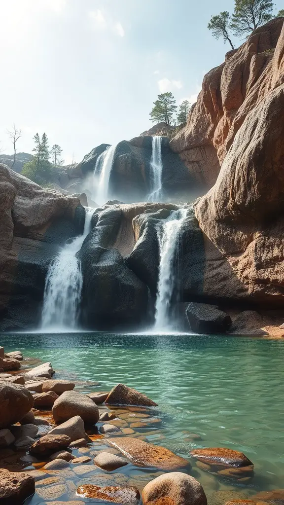 13 Dreamy Lazy River Pool Ideas for Your Backyard Transformation 7 A natural rock waterfall cascading into a tranquil pool, surrounded by smooth stones and greenery.
