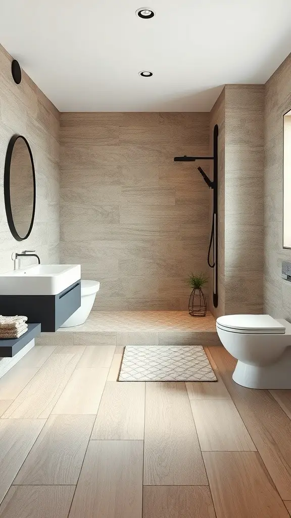 25 Stunning Bathroom Tile Combination Ideas to Transform Your Space 8 A modern bathroom featuring a combination of natural stone and wood grain tiles, with a sleek design and soft lighting.