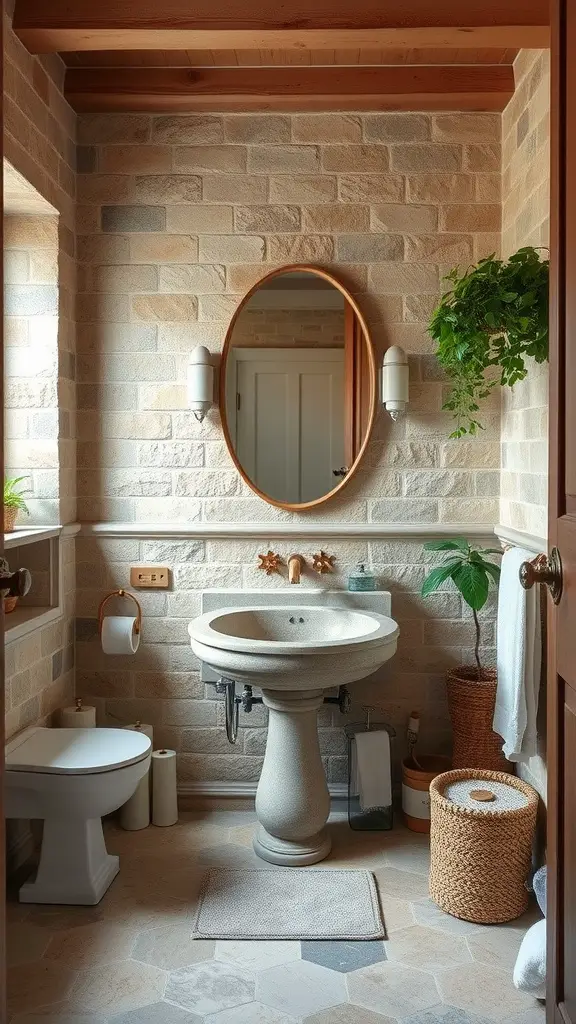 25 Charming Cottage Style Bathroom Ideas to Inspire Your Next Renovation 7 Cottage style bathroom with natural stone walls, round mirror, rustic sink, and plants.