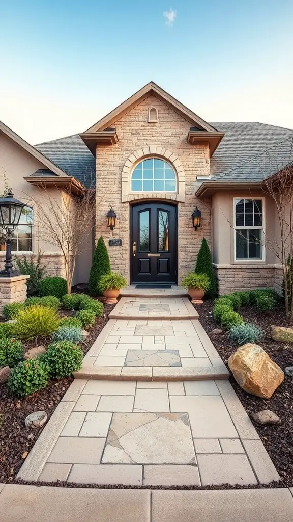 25 Stunning Front Entry Landscaping Ideas for a Welcoming Home 4 Front entry landscaping featuring natural stone pathway and greenery.