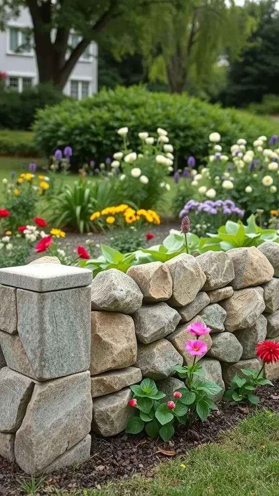 15 Affordable Fence Ideas for Your Backyard 16 A stone fence border with flowers in front, creating a natural garden setting.