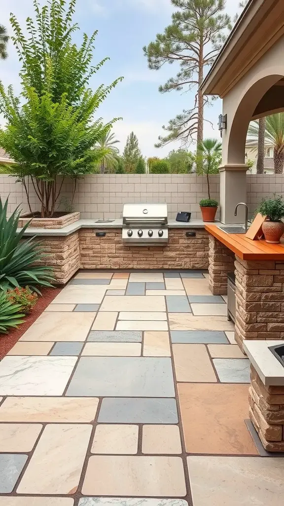 25 Stunning Outdoor Kitchen Flooring Ideas You’ll Love 4 Outdoor kitchen featuring natural stone pavers and greenery.