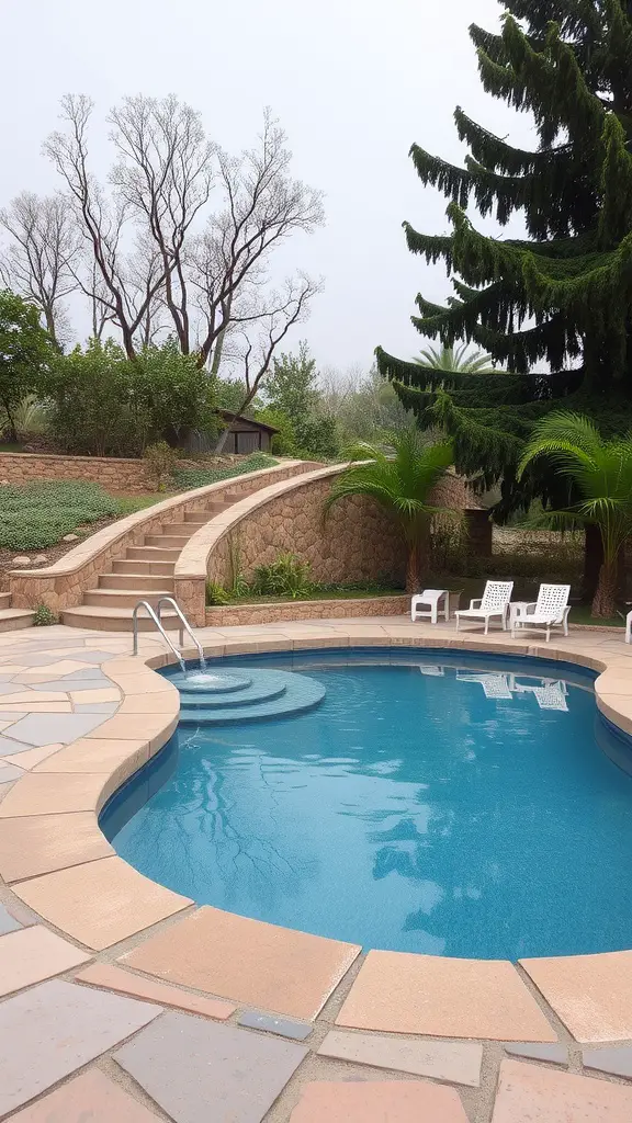 19 Creative Small Pool Design Ideas for Your Backyard 9 A serene pool area with natural stone surrounds, featuring a winding staircase and lush greenery.