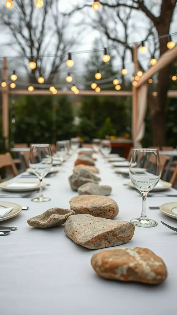 An outdoor table decorated with natural stones as accents, set for a meal, with string lights in the background.