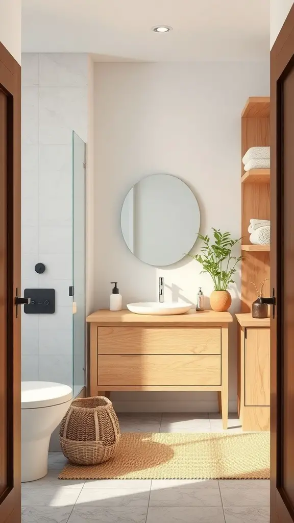 17 Cozy Bathroom Ideas for a Relaxing Retreat 9 Cozy bathroom featuring natural wood elements in the vanity, shelves, and woven basket.