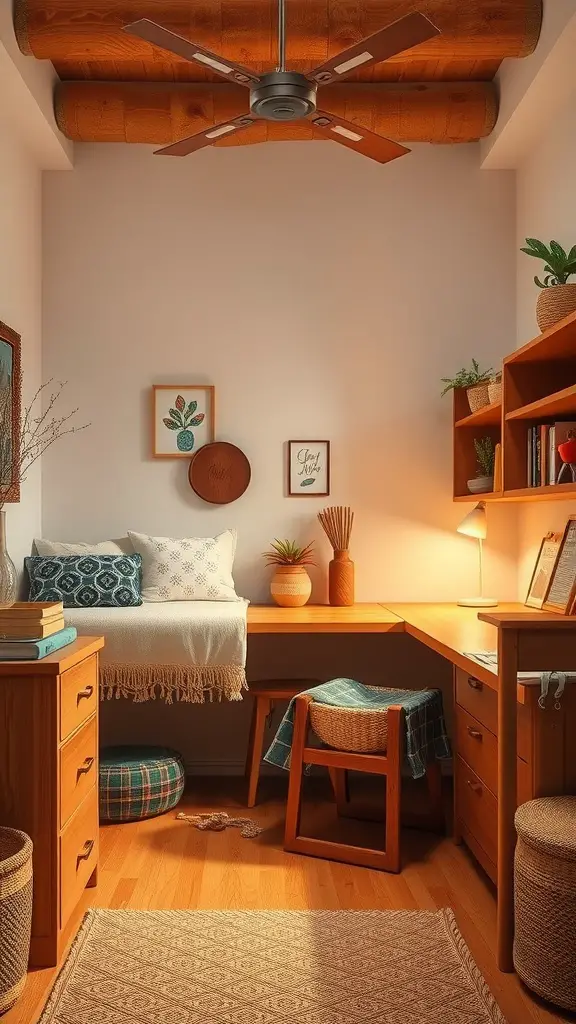 19 Cozy Earthy Dorm Room Ideas to Create Your Peaceful Retreat 2 A cozy dorm room with natural wood elements, featuring a wooden bed, desk, and decorative plants.