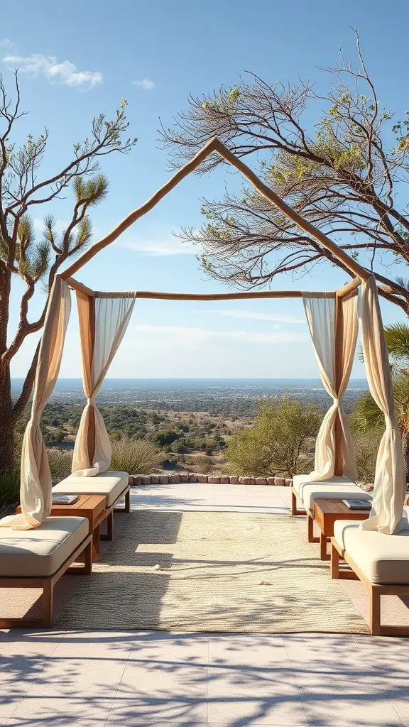 15 Stunning Pool Cabana Ideas for Ultimate Relaxation 12 A serene pool cabana surrounded by nature, featuring soft curtains and comfortable seating.