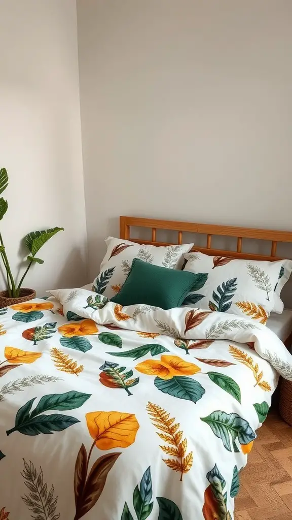23 Trendy Dorm Bedding Ideas for a Stylish Space 2 A cozy dorm bed with nature-inspired bedding featuring vibrant floral and leaf patterns.