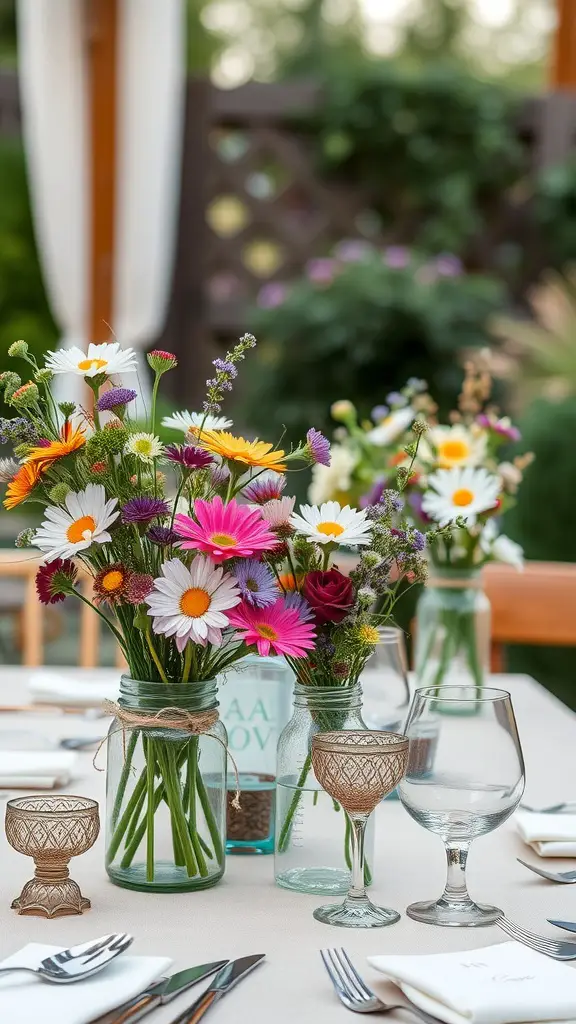 23 Adorable Garden Baby Shower Ideas You Need to Try 7 Colorful flower arrangements in glass jars on a table, set for a garden baby shower