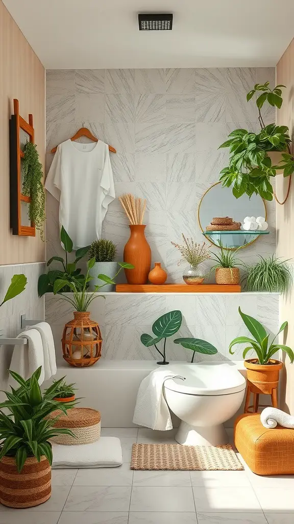 29 Funky Bathroom Ideas to Transform Your Space 6 A tranquil bathroom with nature-inspired decor featuring green plants and warm orange accents.
