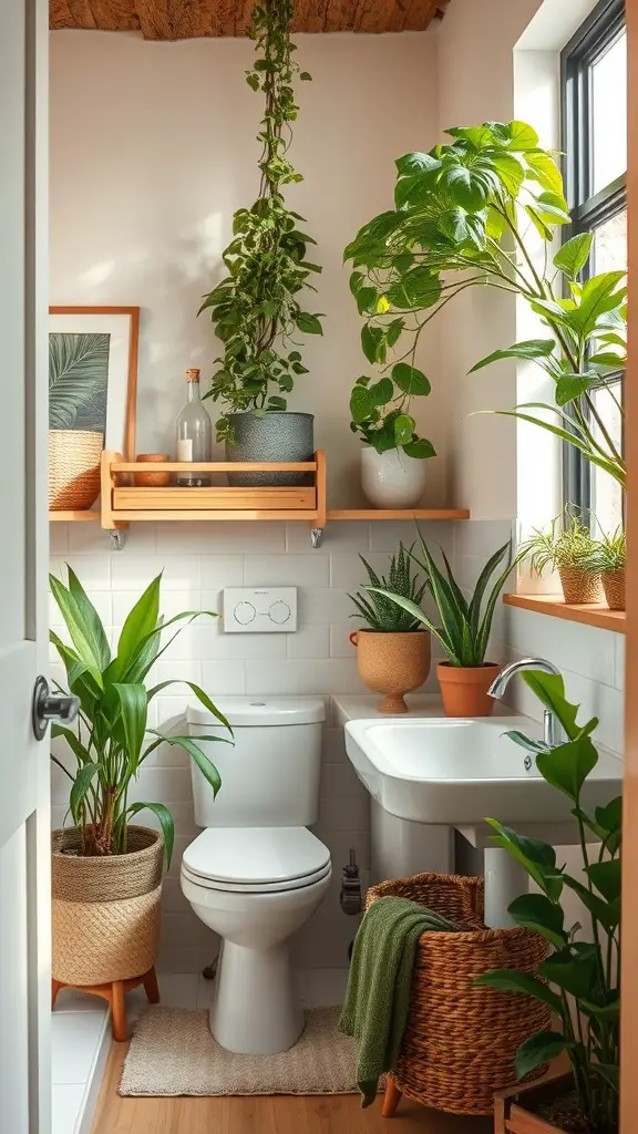 21 Stunning Upstairs Bathroom Ideas You’ll Love 8 A nature-inspired upstairs bathroom filled with various plants, wooden shelves, and natural textures.