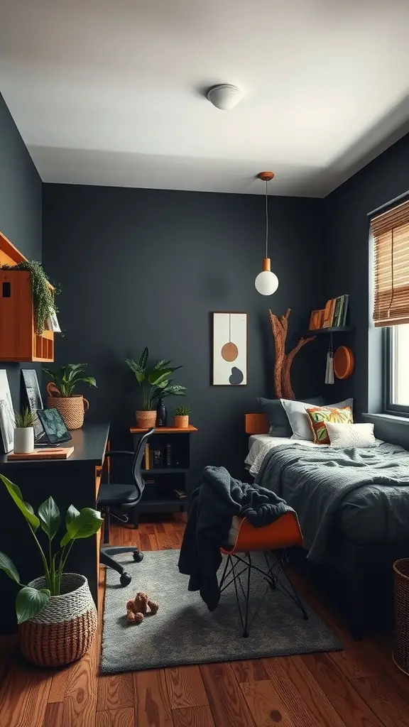 25 Dark Dorm Room Aesthetic Ideas for a Cozy and Chic Vibe 12 A dark-toned dorm room featuring plants, wooden furniture, and cozy textiles.