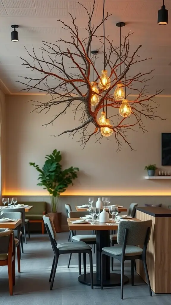 15 Stunning Dining Room Lighting Ideas to Elevate Your Table Decor 15 A nature-inspired chandelier resembling tree branches, with warm light bulbs hanging, in a modern dining room setting.