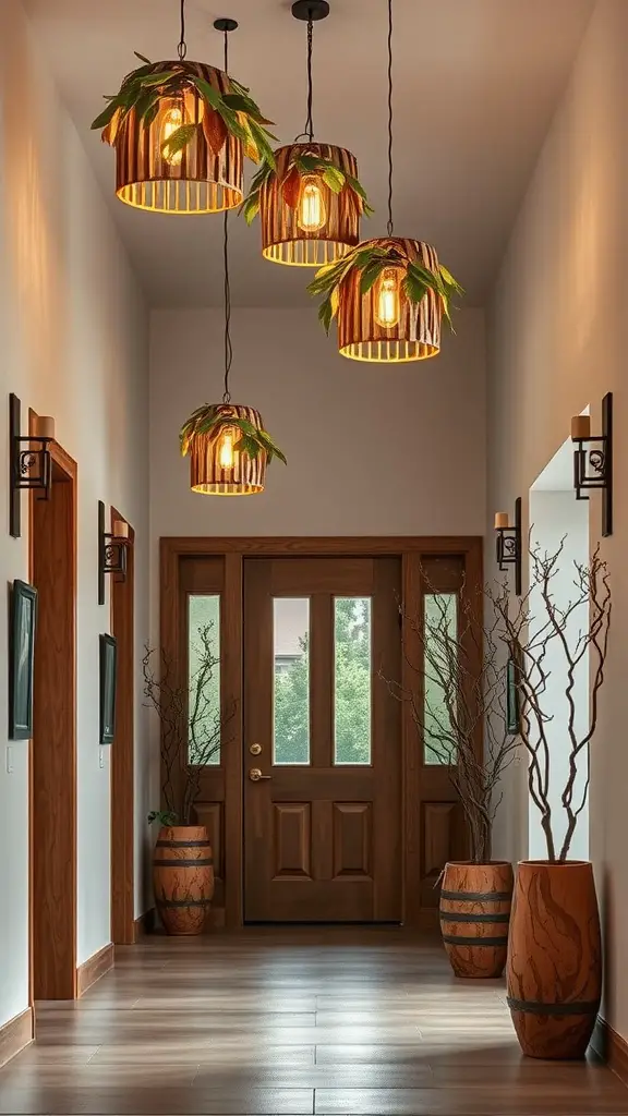 21 Stunning Entryway Lighting Ideas to Illuminate Your Home 11 Entryway with nature-inspired pendant lights and wooden door
