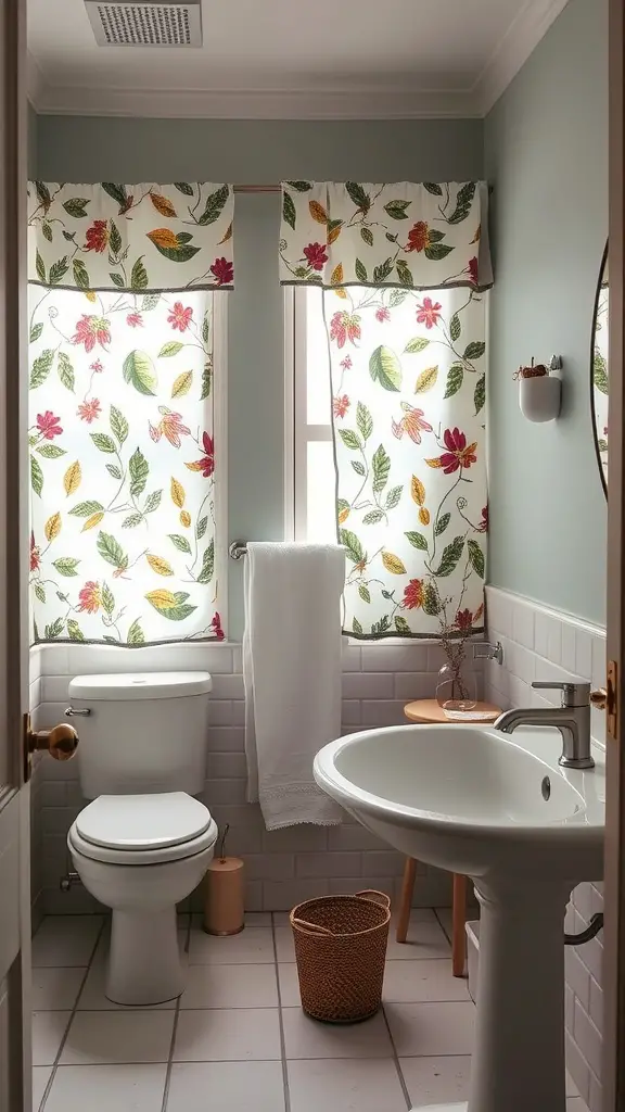 17 Charming Cafe Curtain Ideas for Your Bathroom Style 14 A bathroom featuring floral cafe curtains with colorful leaves and flowers, light walls, and simple fixtures.