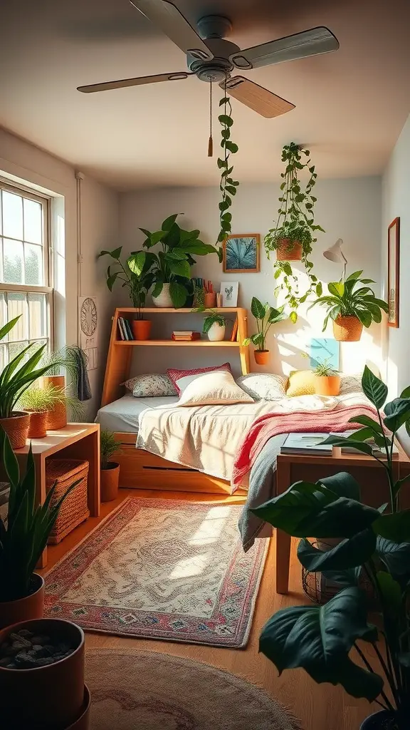 25 Stunning Luxury Dorm Room Ideas to Elevate Your Space 8 A cozy dorm room with a bed, wooden furniture, and various indoor plants, creating a nature-inspired environment.