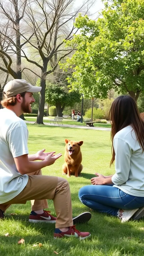 25 Exciting Outdoor Games for Fun-filled Adventures 12 Two people playing with a dog on a grassy lawn, surrounded by trees in a park.