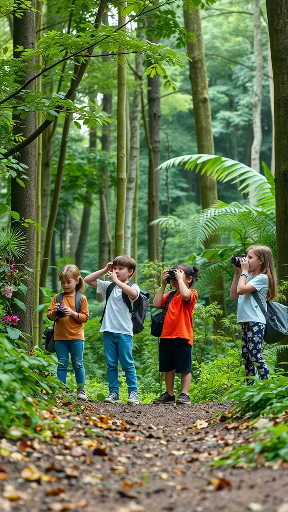 15 Fun Outdoor Activities for Kids to Enjoy 16 Kids participating in a nature photography challenge in the woods, holding cameras and taking pictures.