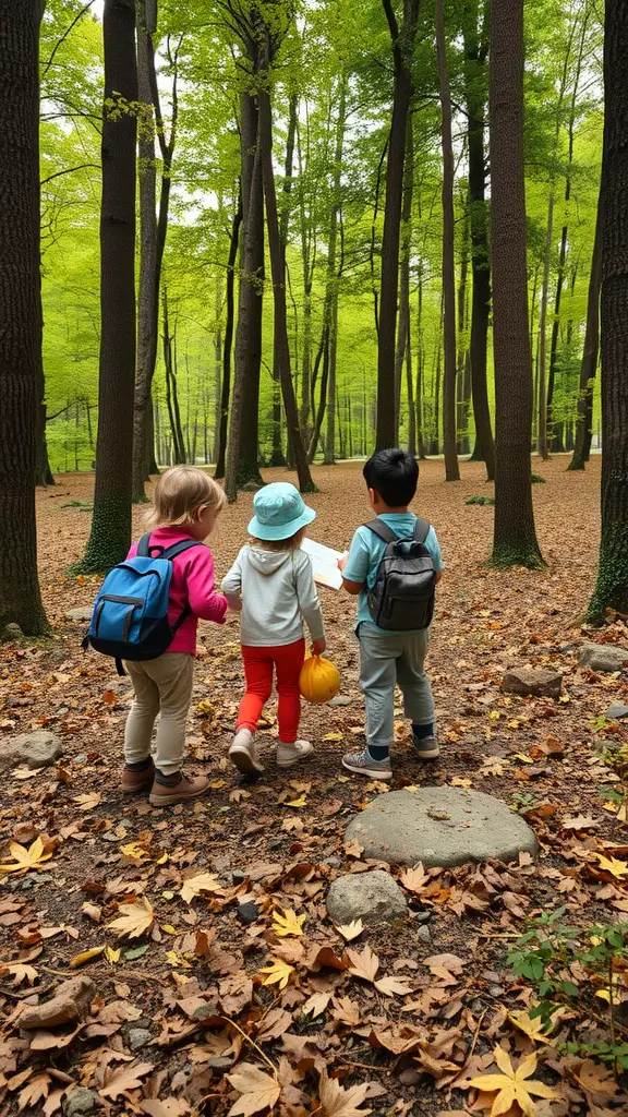 15 Fun Outdoor Activities for Kids to Enjoy 6 Three children participating in a nature scavenger hunt in a forest.