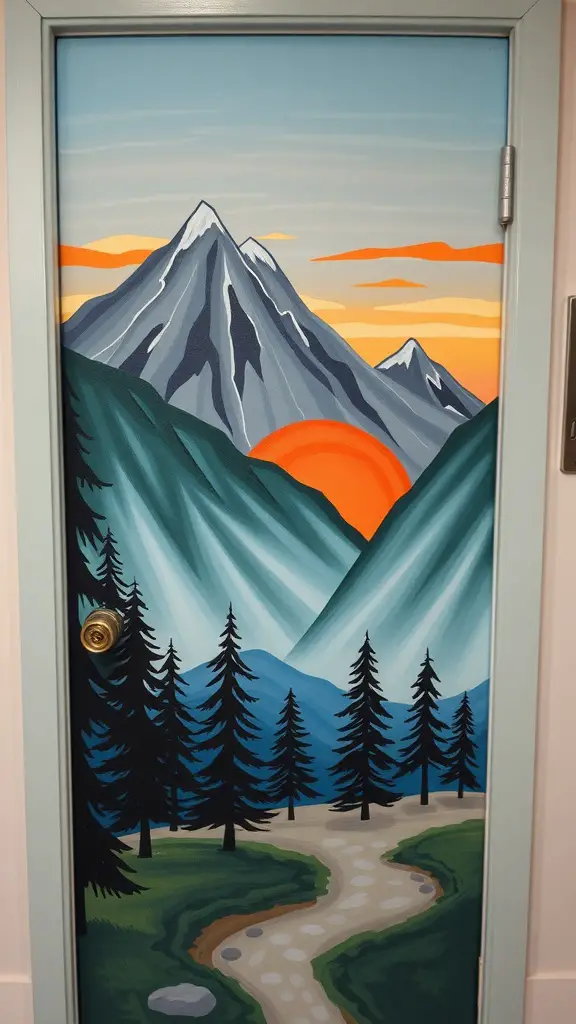 21 Creative Dorm Door Decoration Ideas for a Personal Touch 15 A dorm door featuring a painted nature scene with mountains, trees, and a sunset.