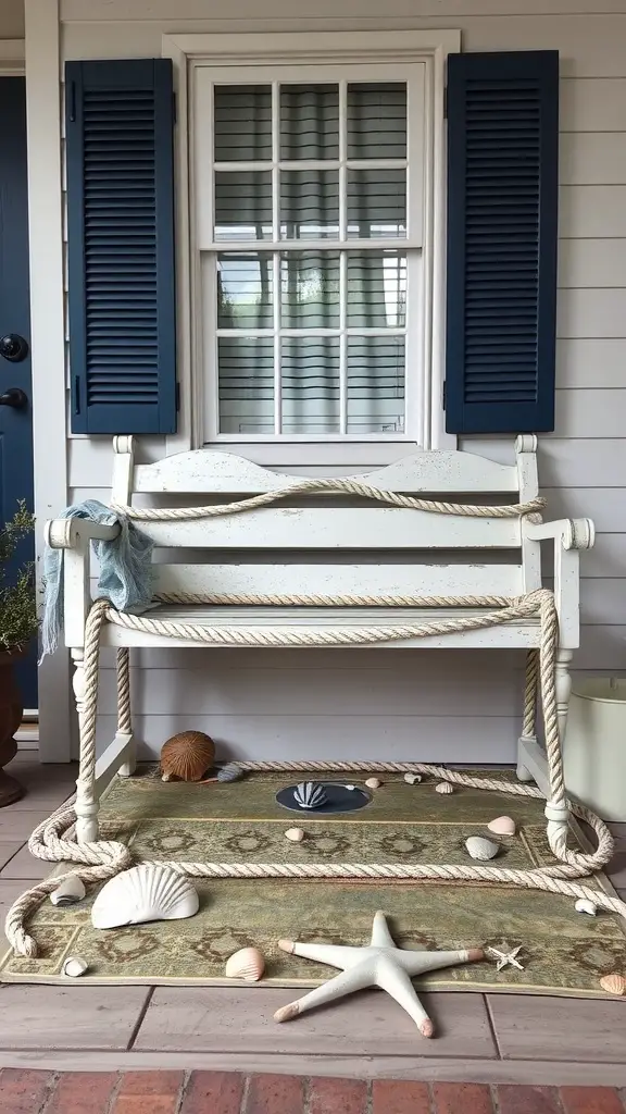 21 Creative Front Porch Bench Ideas for a Warm Welcome 5 Nautical-themed bench with rope accents surrounded by seashells and a starfish.