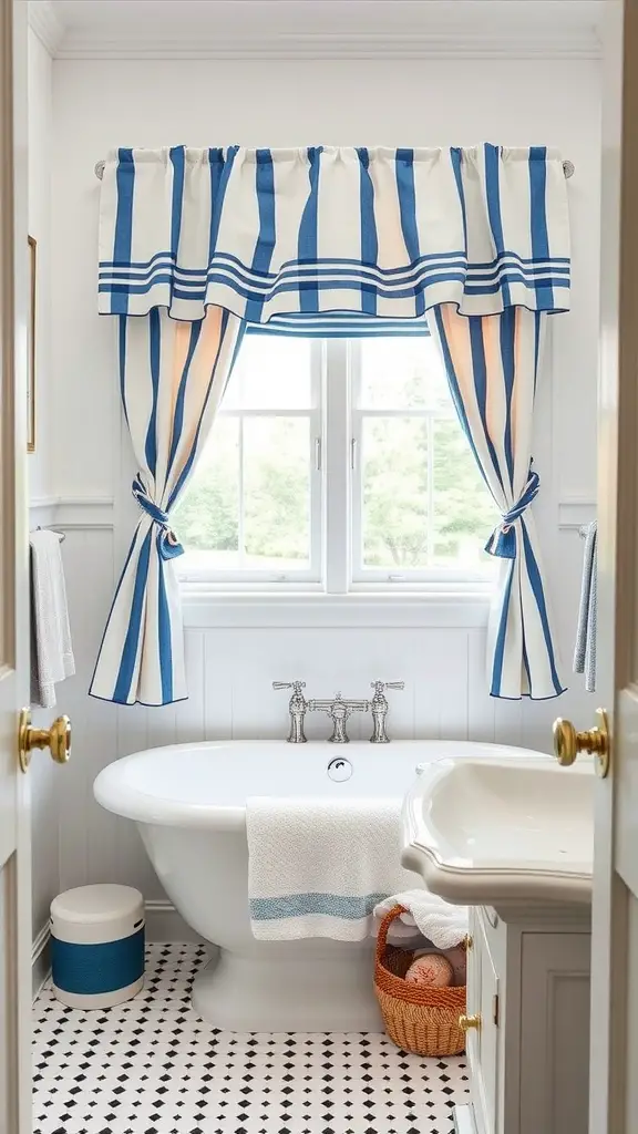 17 Charming Cafe Curtain Ideas for Your Bathroom Style 6 Bathroom with nautical striped curtains in blue and white, featuring a vintage bathtub and natural decor.