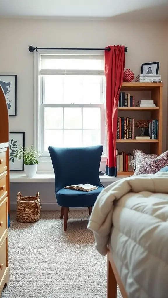 23 Stylish Navy Blue Dorm Room Ideas for a Chic Space 16 A cozy navy blue accent chair in a dorm room with red curtains and a bookshelf.