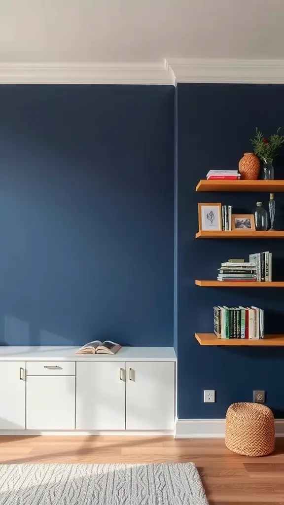 23 Stylish Navy Blue Dorm Room Ideas for a Chic Space 17 A cozy dorm room with a navy blue accent wall, wooden shelves, and white cabinetry.