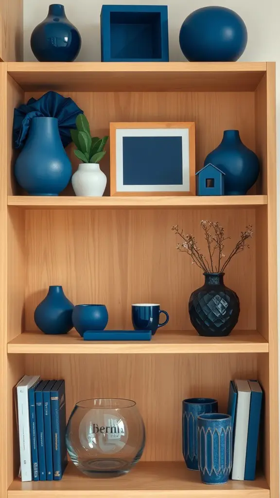 23 Stylish Navy Blue Dorm Room Ideas for a Chic Space 15 A wooden shelf displaying various navy blue accessories, including vases, a picture frame, and a small house.