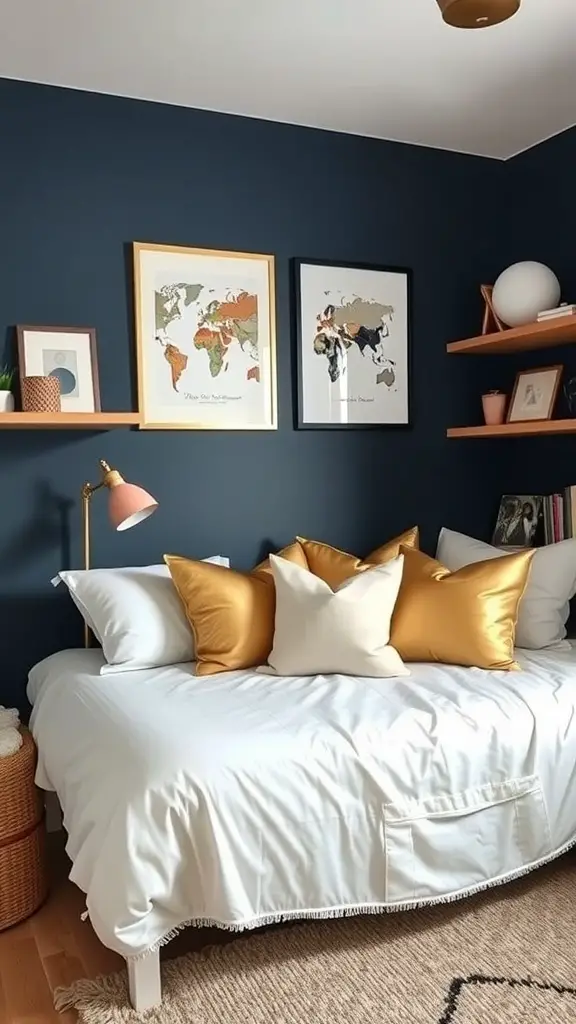 23 Stylish Navy Blue Dorm Room Ideas for a Chic Space 8 Stylish dorm room with navy blue walls, gold accent pillows, and world map art