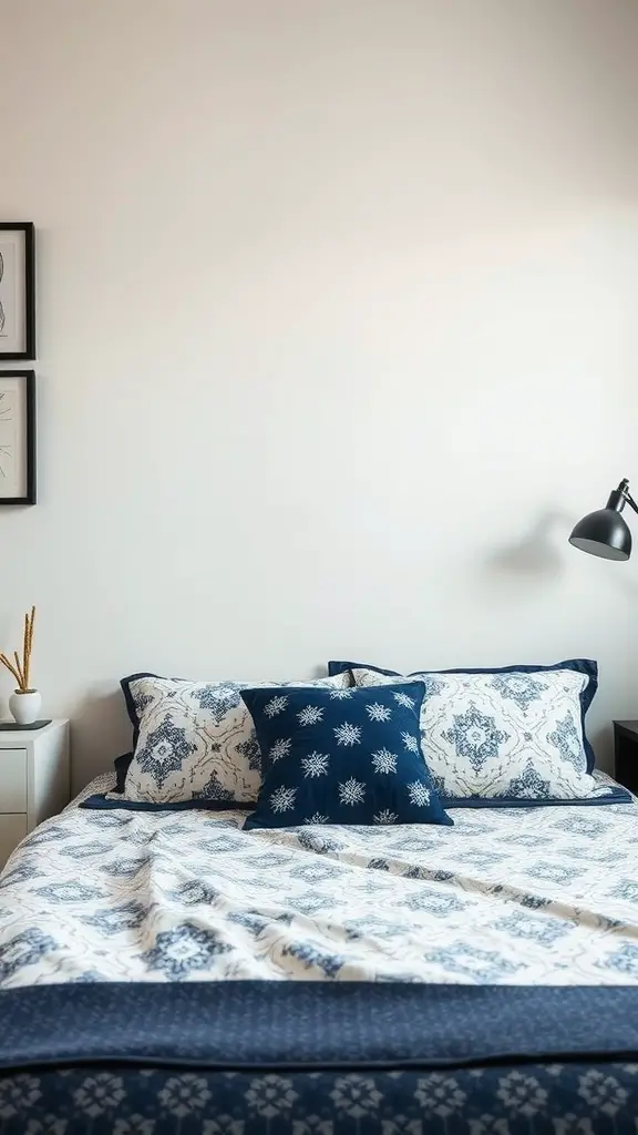 23 Stylish Navy Blue Dorm Room Ideas for a Chic Space 10 A cozy dorm room bed with navy blue and white bedding, featuring decorative pillows and a stylish lamp.
