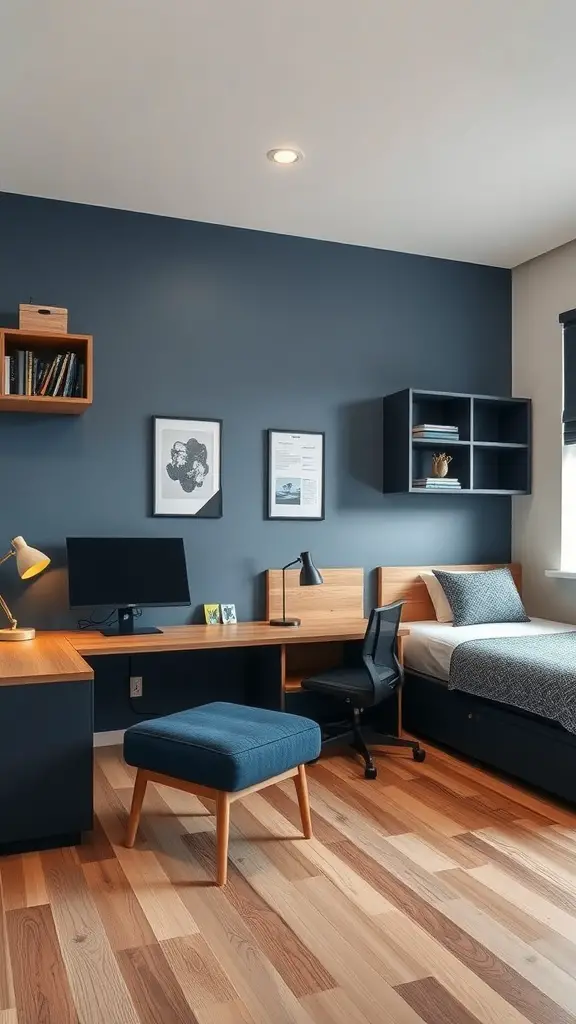 23 Stylish Navy Blue Dorm Room Ideas for a Chic Space 2 A navy blue themed dorm room featuring wood furniture, including a desk, shelves, and an ottoman.
