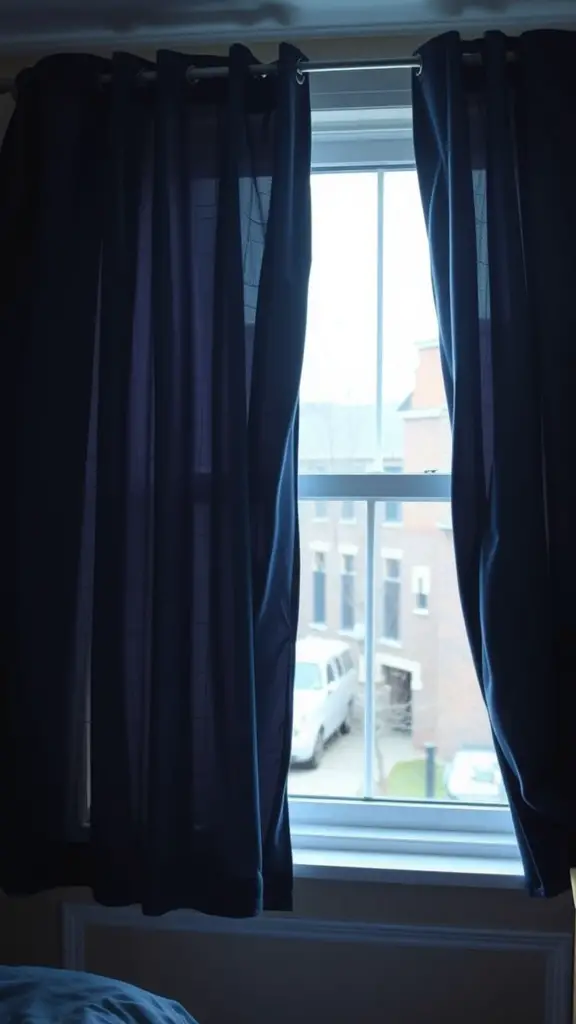 23 Stylish Navy Blue Dorm Room Ideas for a Chic Space 11 Navy blue curtains hanging in front of a window, providing privacy and style.