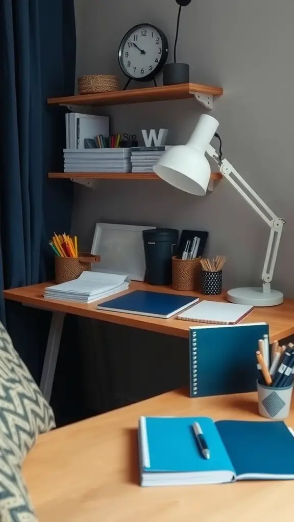 23 Stylish Navy Blue Dorm Room Ideas for a Chic Space 14 A navy blue themed desk setup featuring notebooks, pens, a lamp, and decorative items.