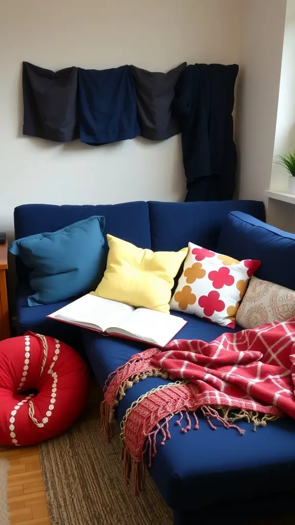 23 Stylish Navy Blue Dorm Room Ideas for a Chic Space 12 A navy blue futon adorned with colorful pillows and a cozy blanket in a dorm room setting.