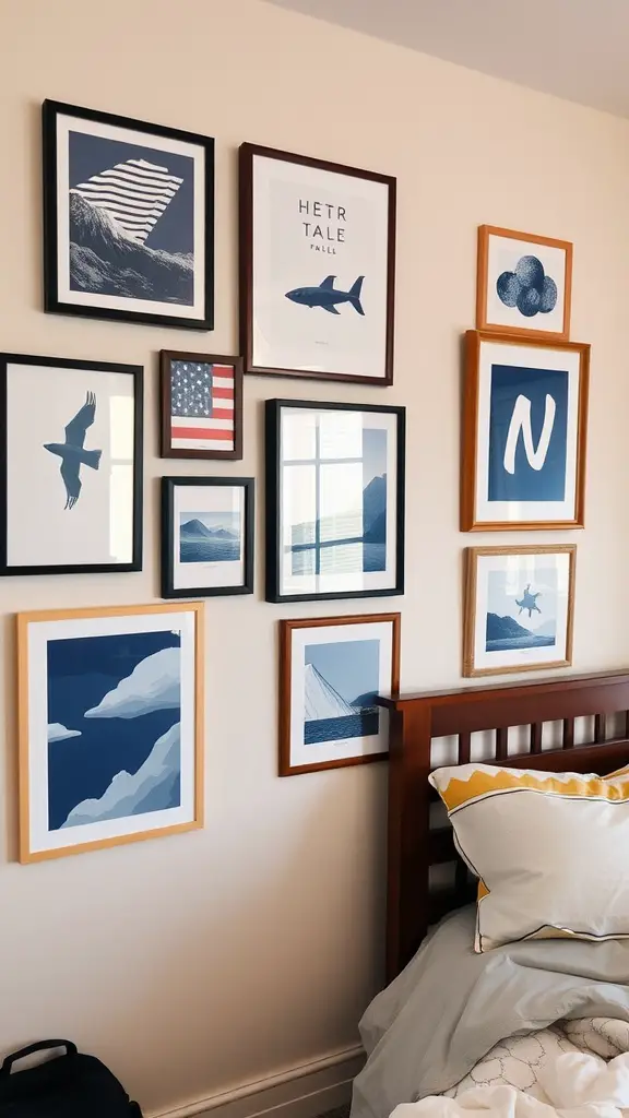23 Stylish Navy Blue Dorm Room Ideas for a Chic Space 6 A collage of navy blue-themed framed artworks on a wall in a dorm room.
