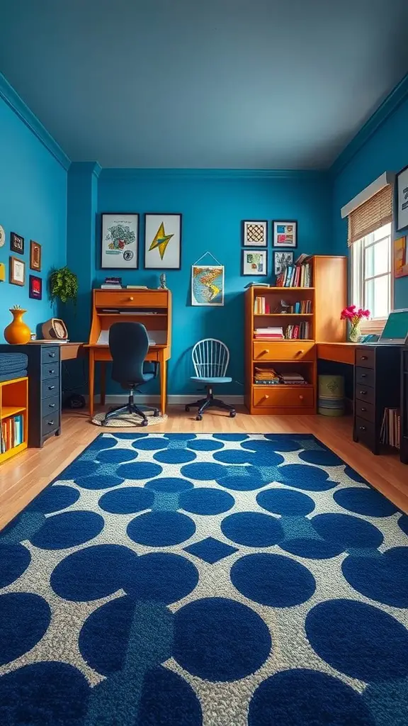 23 Stylish Navy Blue Dorm Room Ideas for a Chic Space 9 A bright blue dorm room featuring a navy blue geometric rug with large circular patterns.