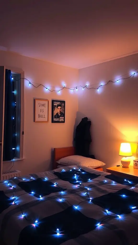23 Stylish Navy Blue Dorm Room Ideas for a Chic Space 5 A cozy dorm room with navy blue string lights draped across the walls and bed, creating a warm and inviting atmosphere.